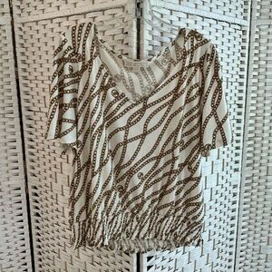 Michael Kors Chain Print Logo Ruched Short Sleeve Blouse